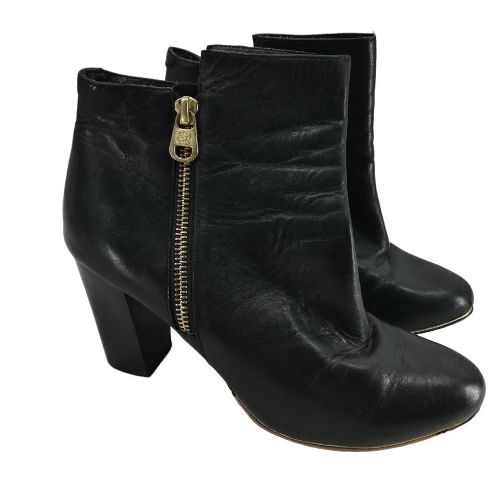 Elliott Lucca Daniella Black Leather Boots Booties Size 8 Gold Zip Anthro Block